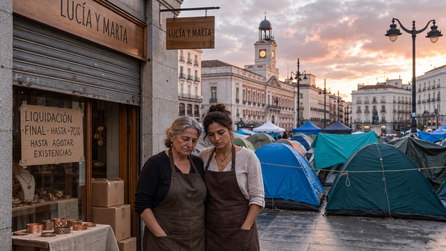 Lucía y Marta en la puerta de su tienda con un cartel de liquidación final